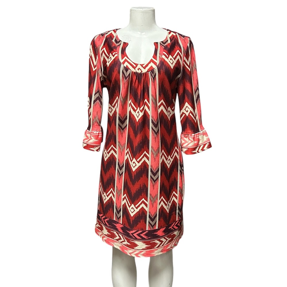 Aryeh Sophi Shift Dress Aztec Print 3/4 Sleeve Casual Red Pink White Size L
